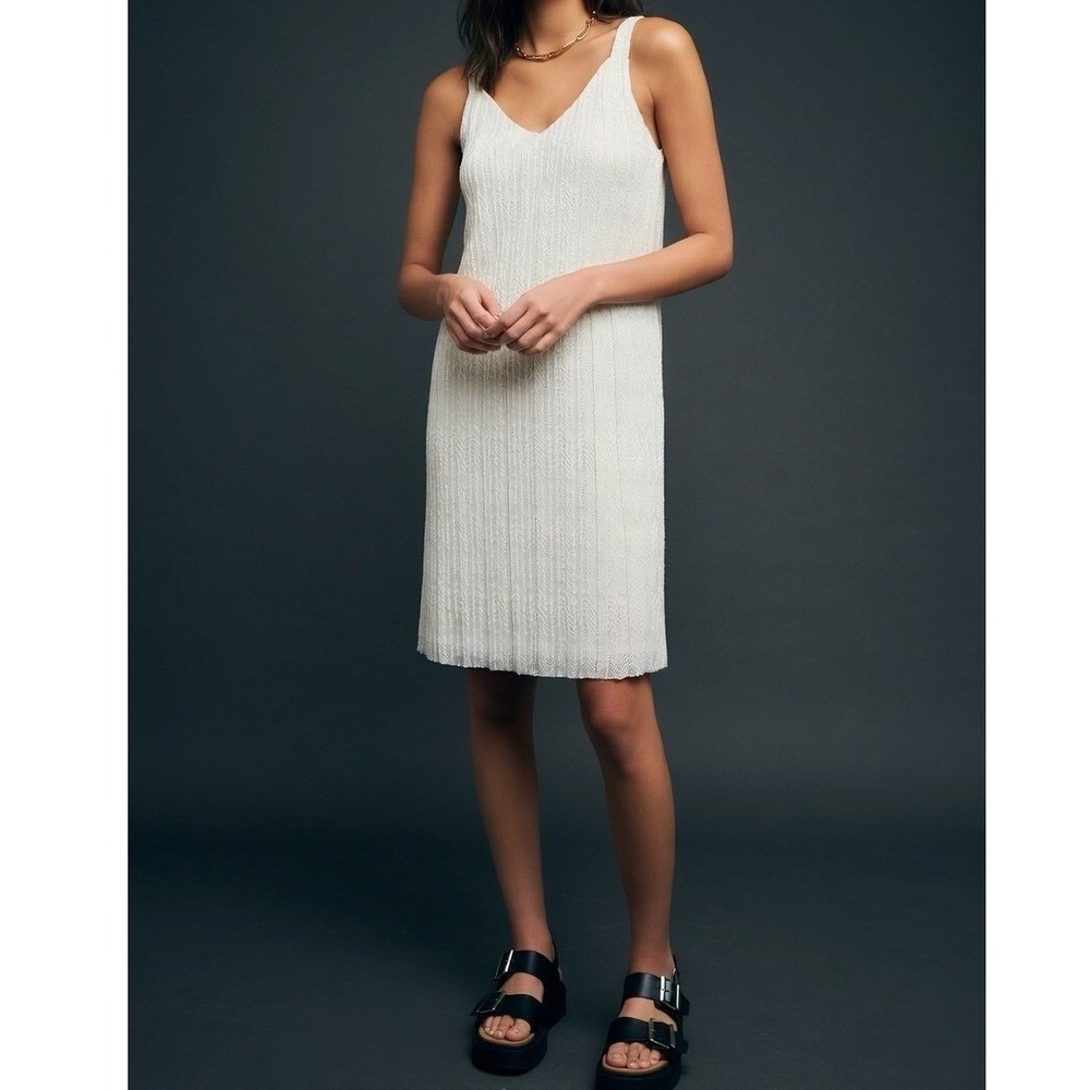 Meadow Rue Anthropologie Cream Textured Chevron Pleated V-Neck Mini Dress